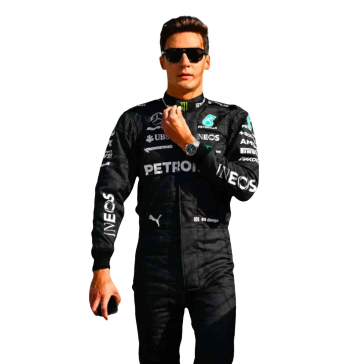 Person wearing a black racing suit with various sponsor logos on a white background