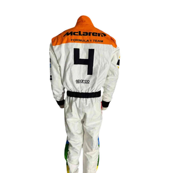 Racing suit with McLaren Formula 1 Team branding on a white background