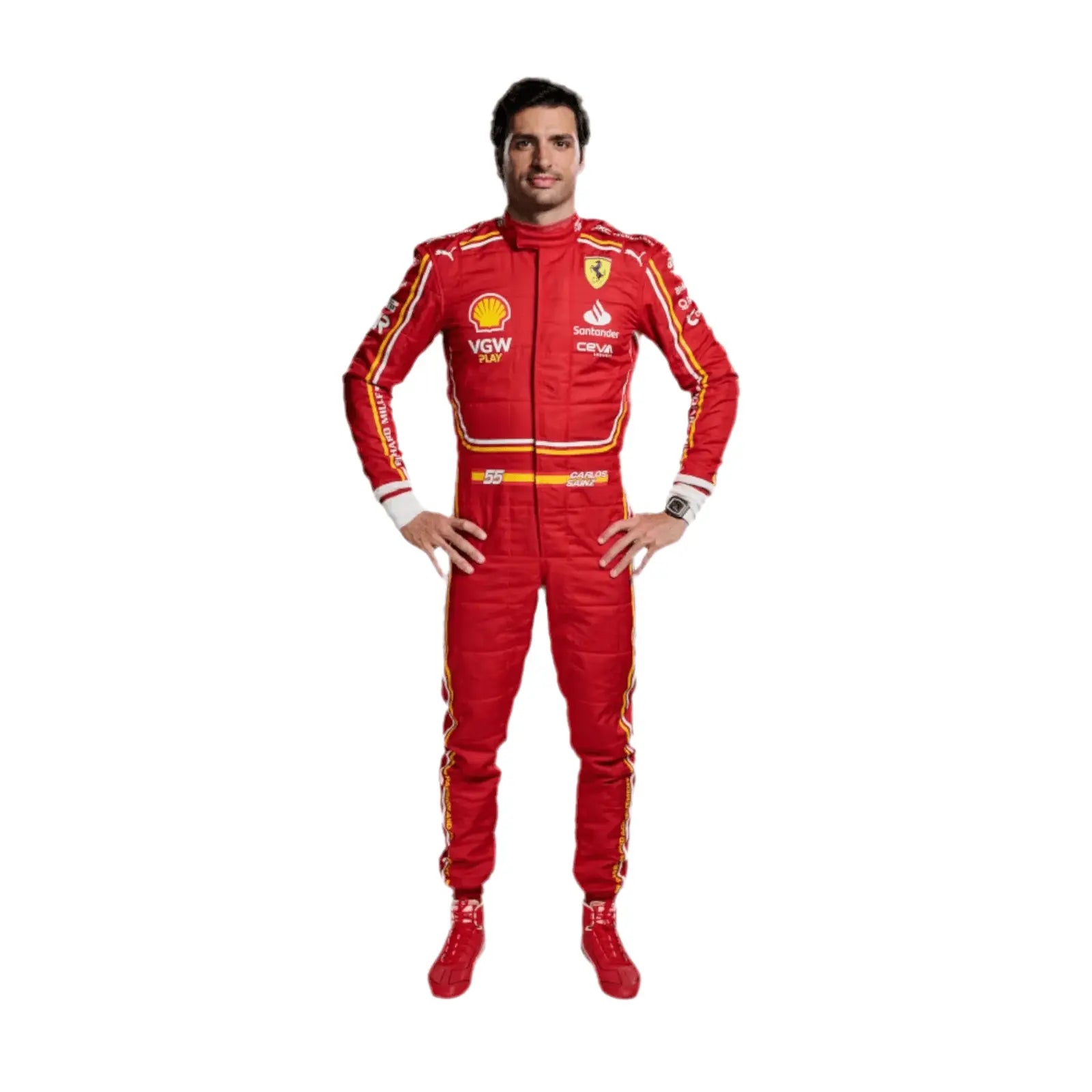 Person wearing a red racing suit with various sponsor logos on a white background