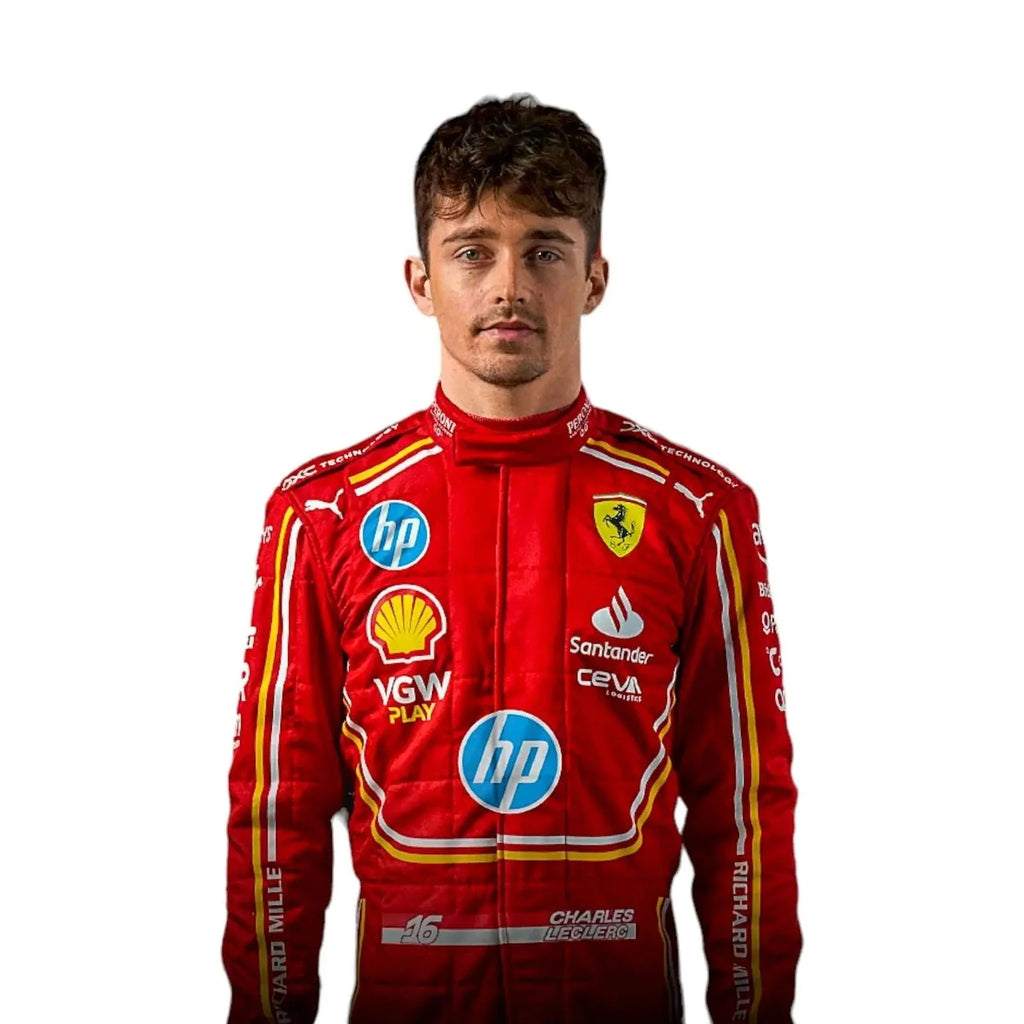 Person wearing a red racing suit with various sponsor logos on a white background