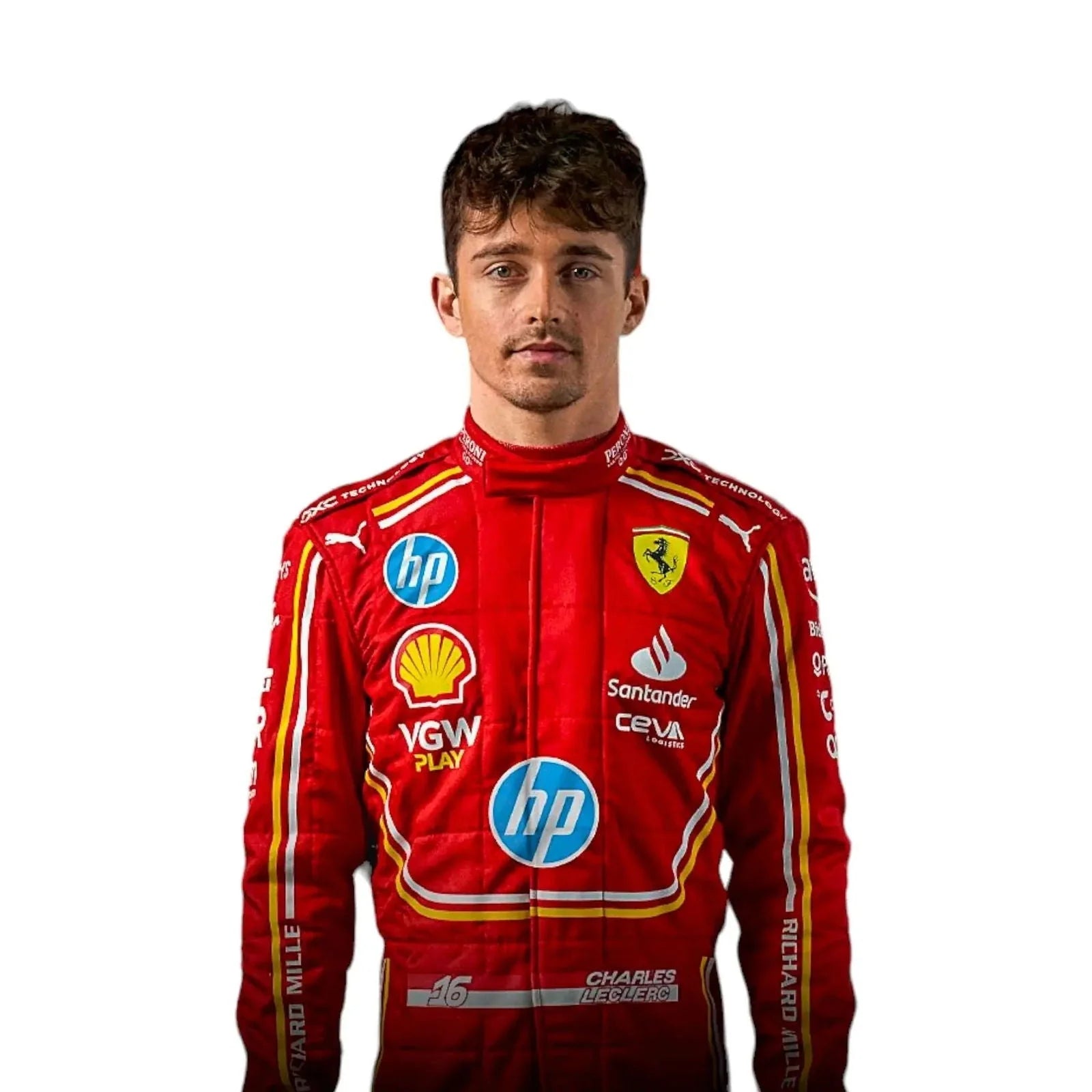 Person wearing a red racing suit with various sponsor logos on a white background