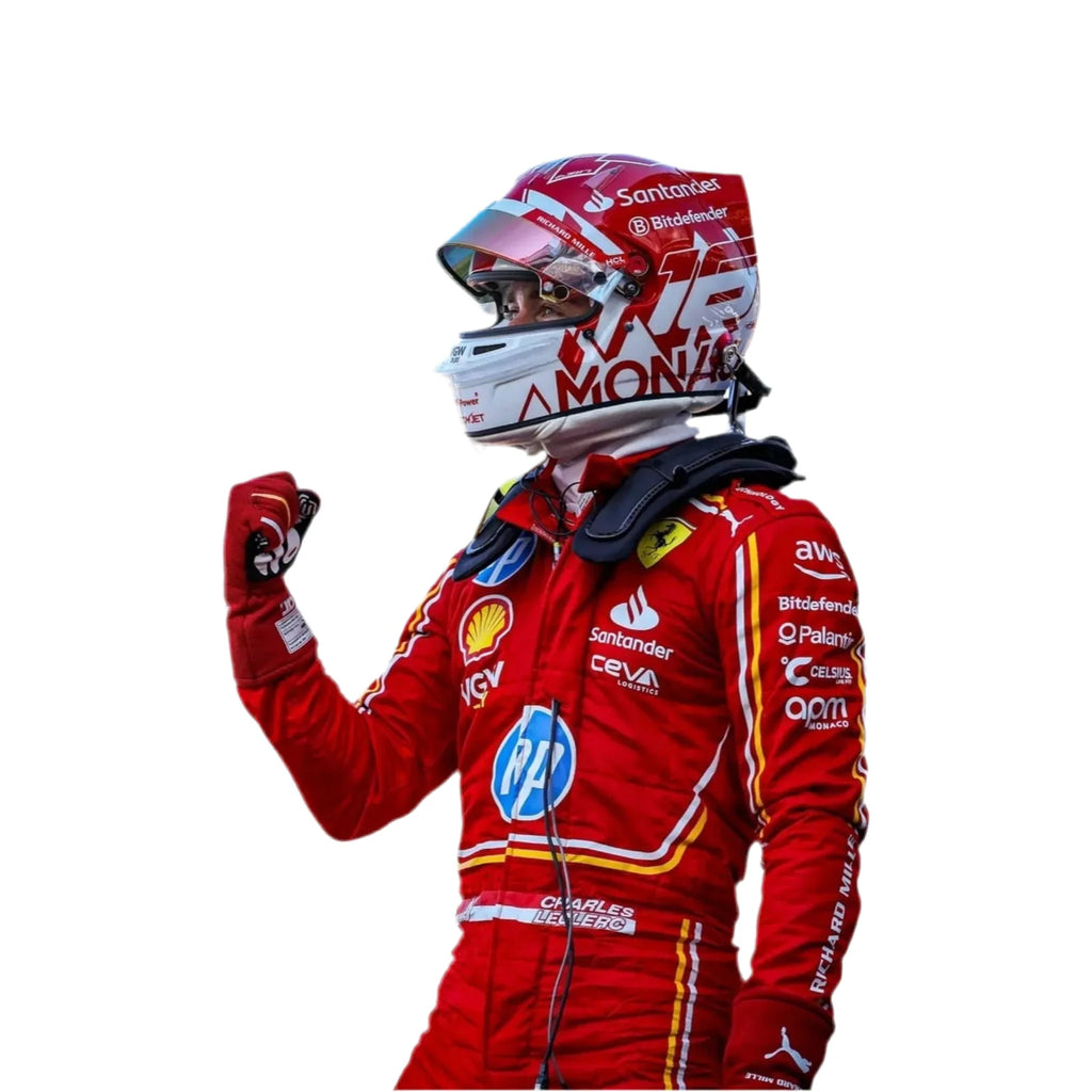 Formula 1 driver in red racing suit and helmet with various sponsor logos on a white background