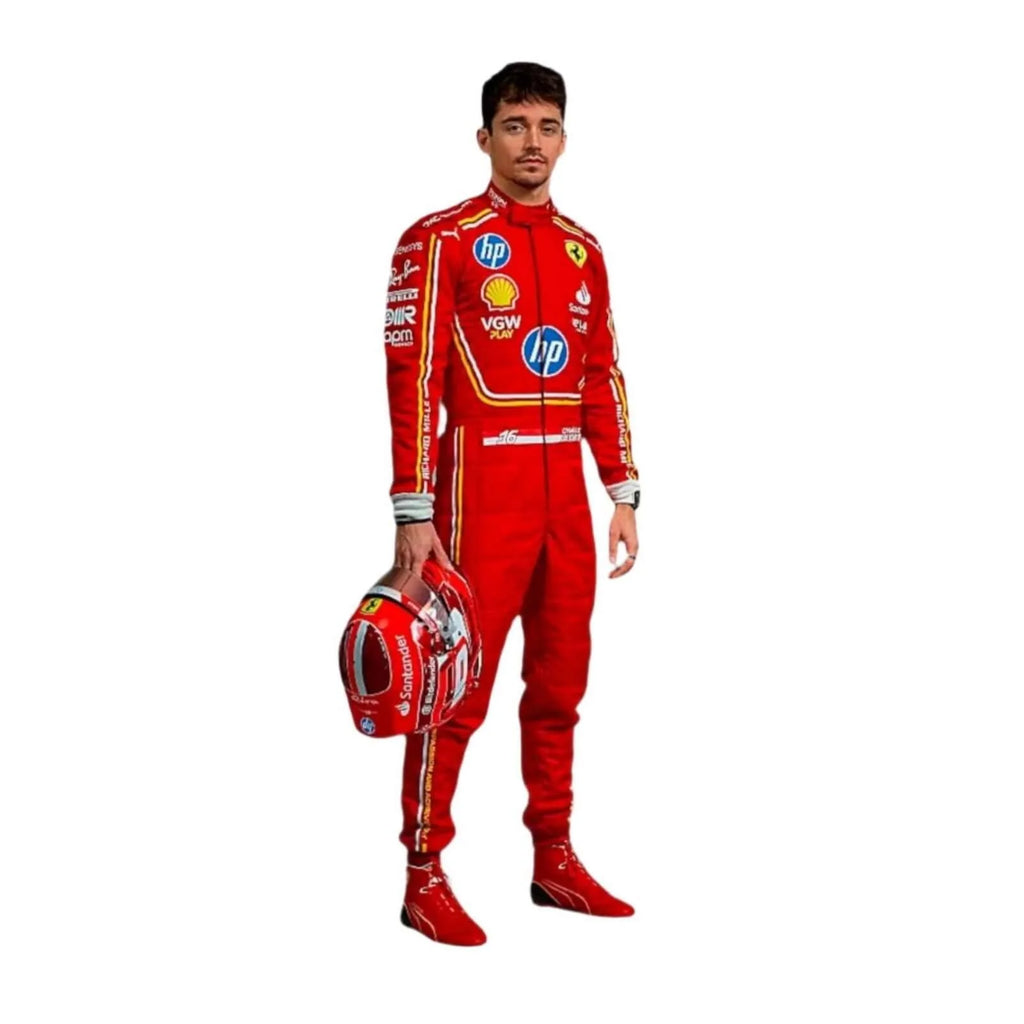 Person wearing a red racing suit with various sponsor logos on a white background