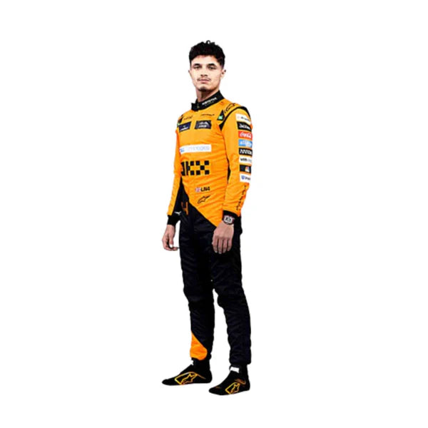 Person wearing a yellow and black racing suit with various logos on a white background