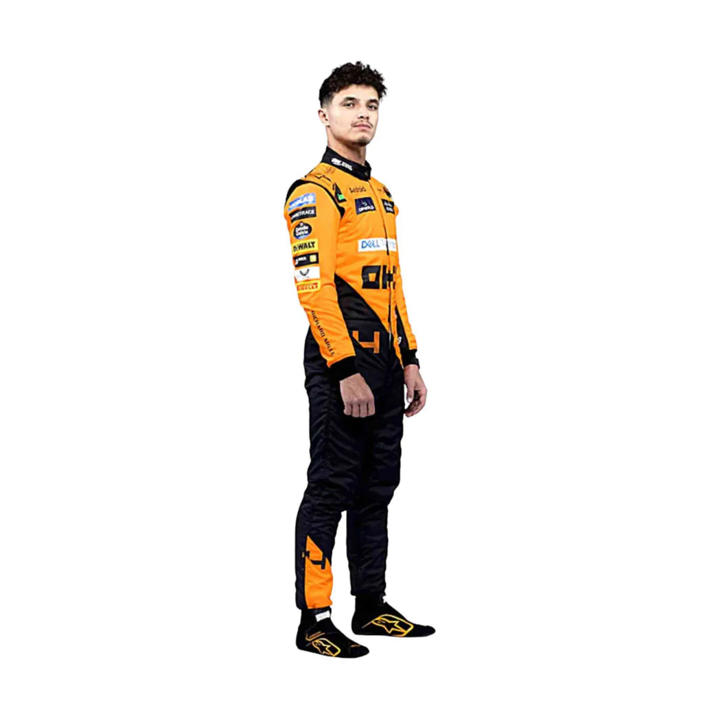 Person wearing an orange and black racing suit on a white background