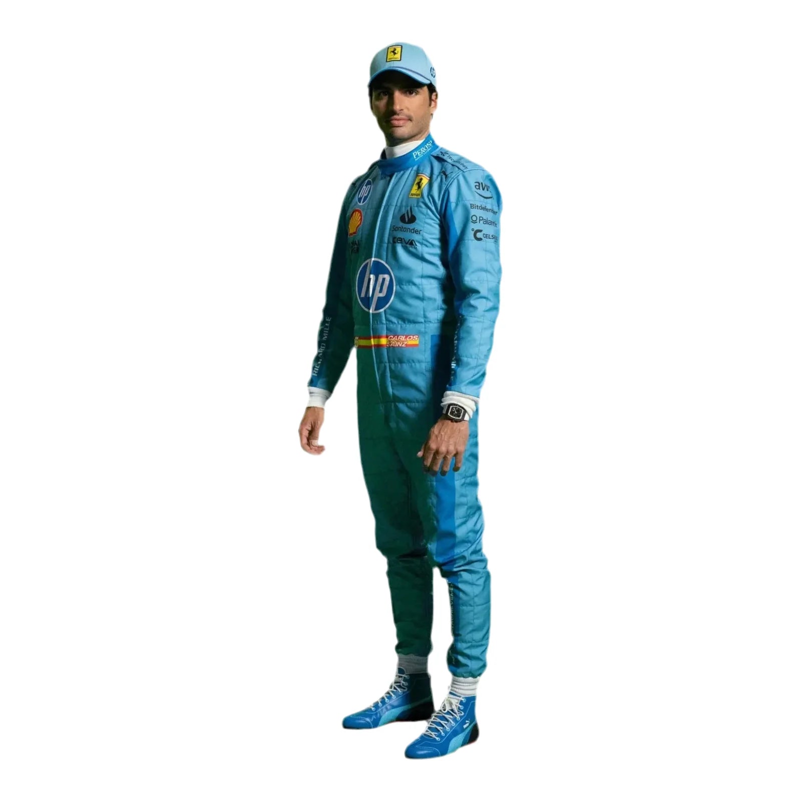 Person wearing a blue racing suit with HP logo on a white background