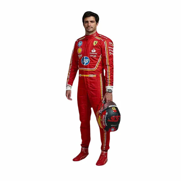 Person wearing a red racing suit with various logos on a white background