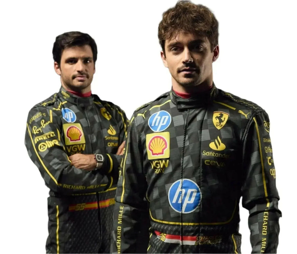Two individuals wearing racing suits with various sponsor logos on a white background