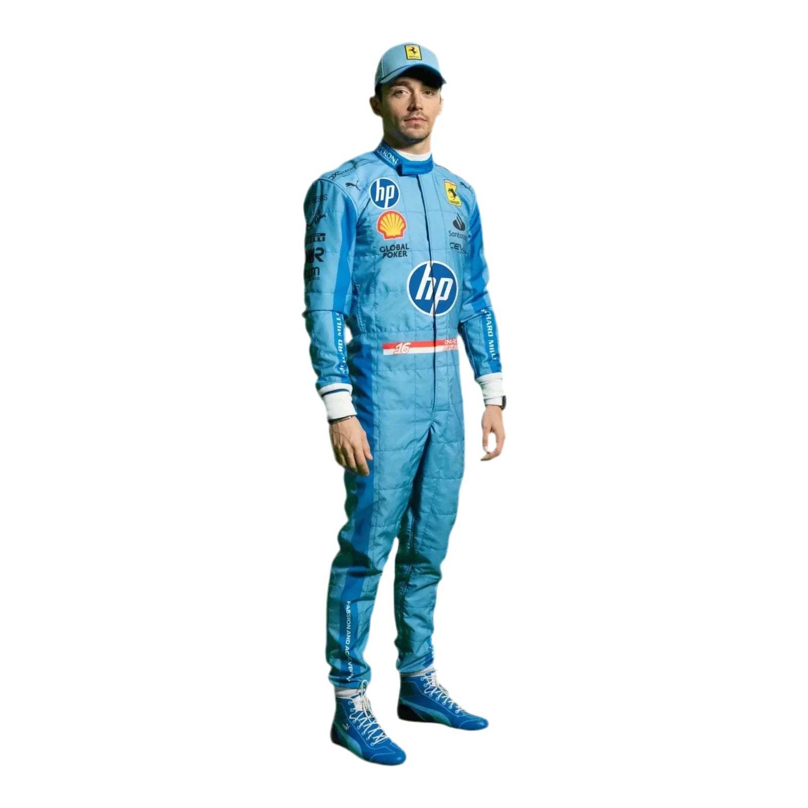 Person wearing a blue racing suit with HP and Shell logos on a white background