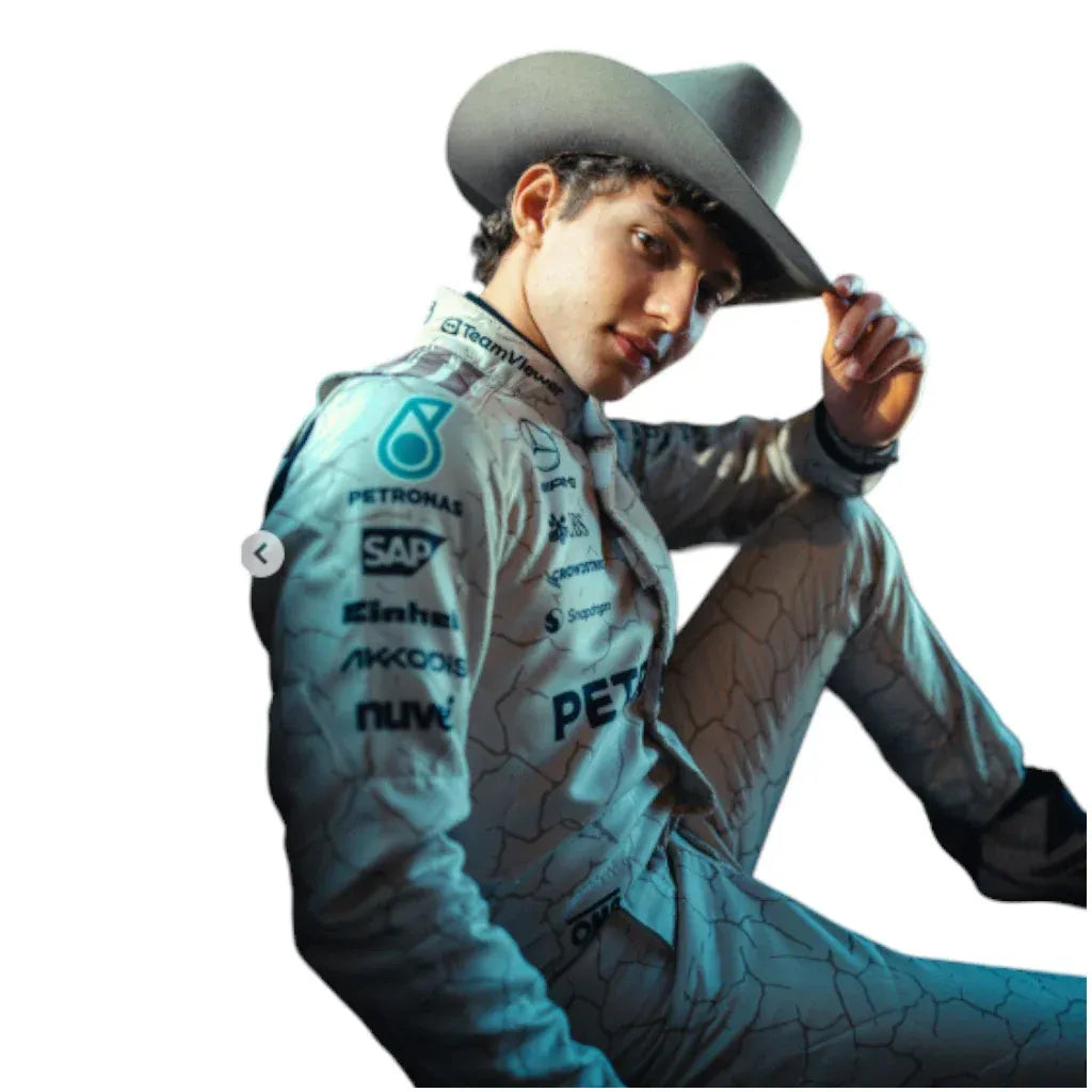 Person wearing a racing suit with sponsor logos and a cowboy hat on a white background