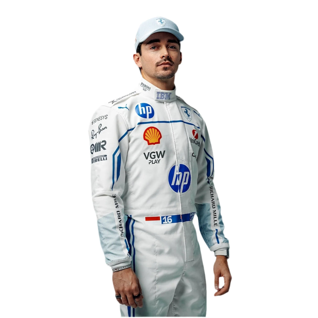 Person wearing a white racing suit with various sponsor logos on a white background