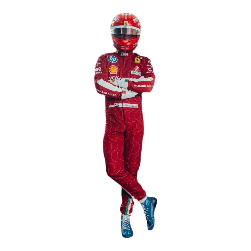 Person wearing a red racing suit with sponsor logos on a white background