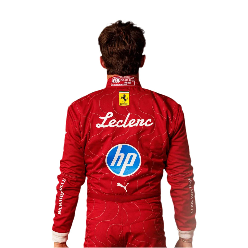 Red racing suit with visible branding on a white background