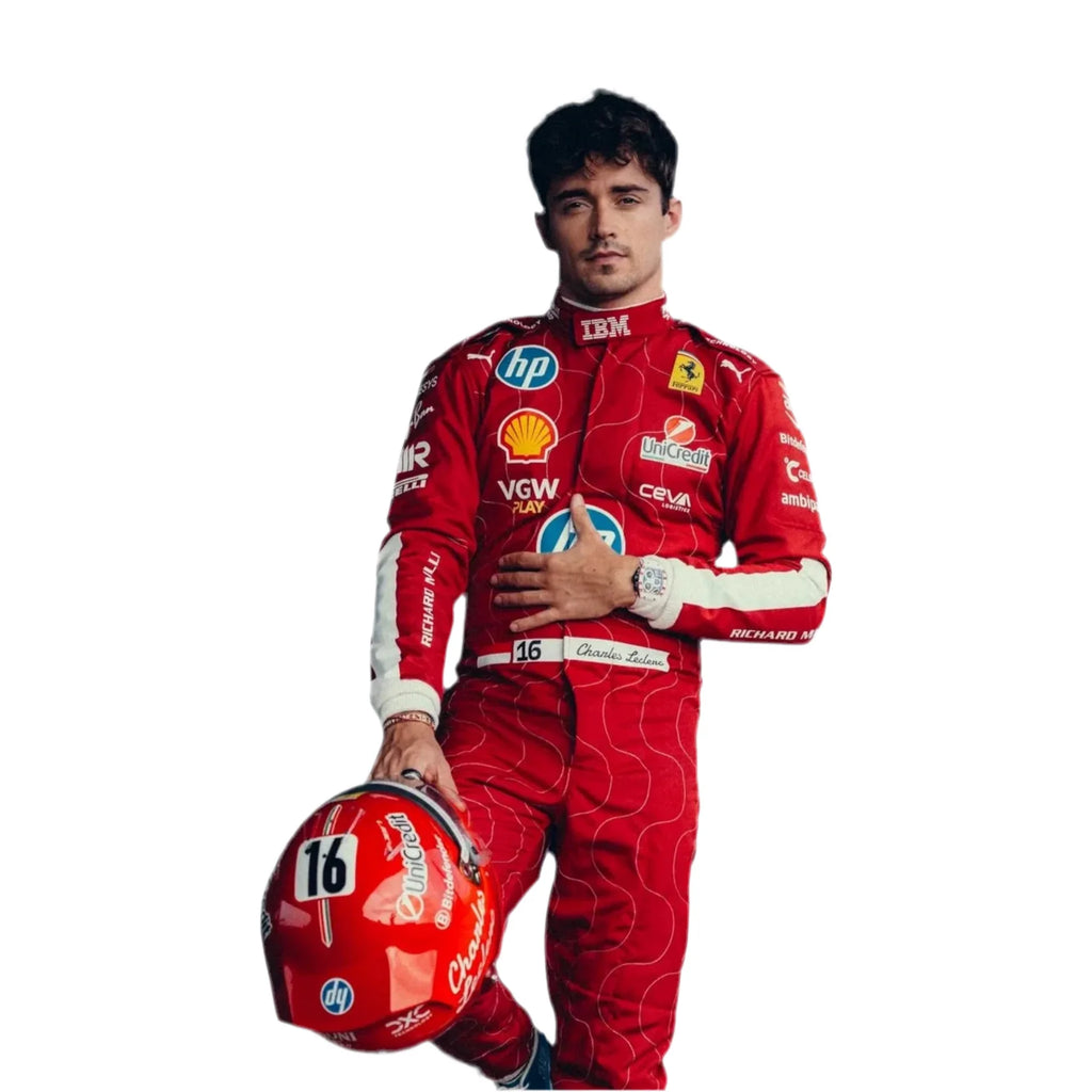 Person wearing a red racing suit with various sponsor logos, holding a helmet.
