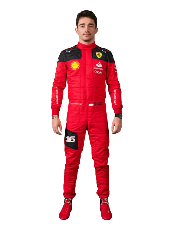 Person wearing a red racing suit with various logos on a white background