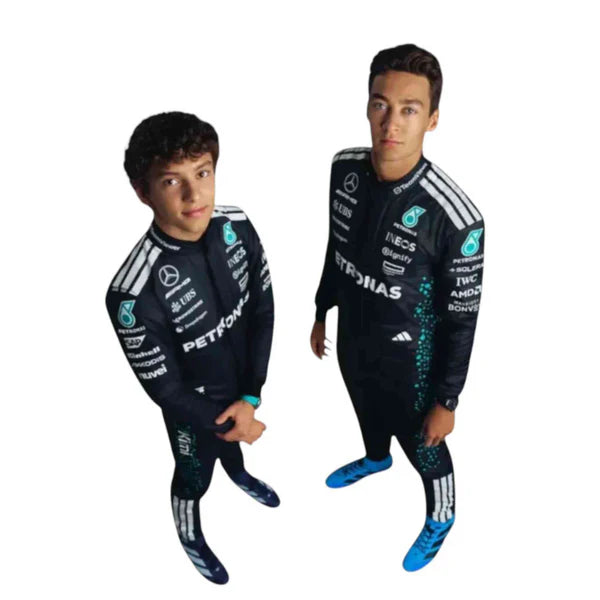 Discover the exclusive George Russell Mercedes-AMG Petronas 2025 F1 replica race suit. Perfect for fans and collectors, embody the spirit of racing excellence.