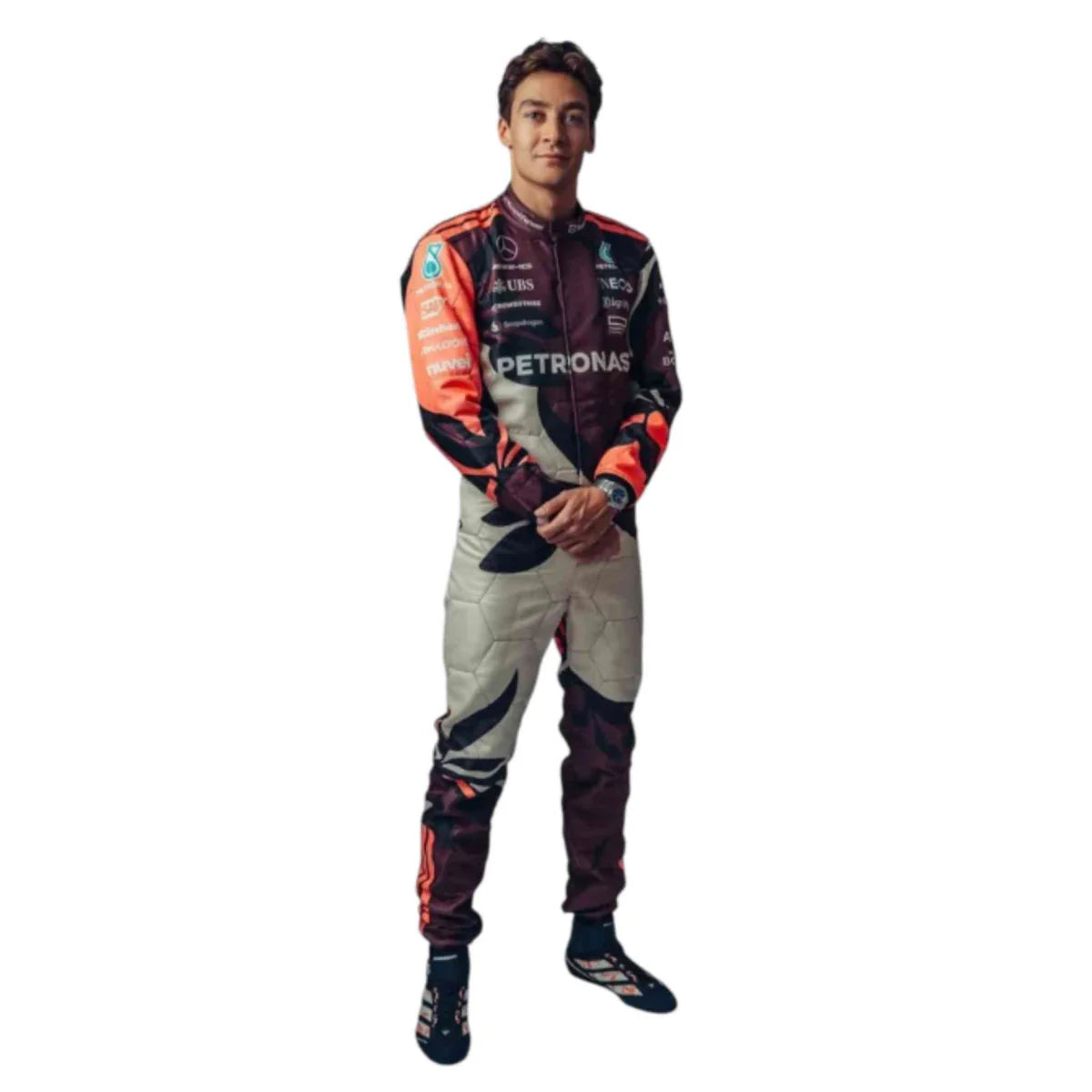 Discover the exclusive 2025 F1 team suit of George Russell from Mercedes-AMG Petronas. Explore design details and features that define racing excellence.