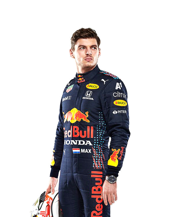 Person wearing a Red Bull racing suit with various sponsor logos on a white background