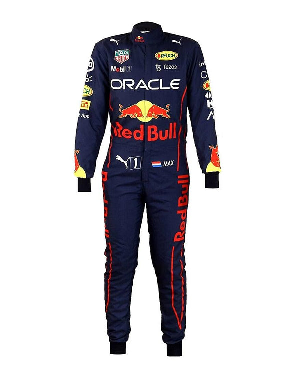 Navy racing suit with Red Bull and Oracle branding on a white background