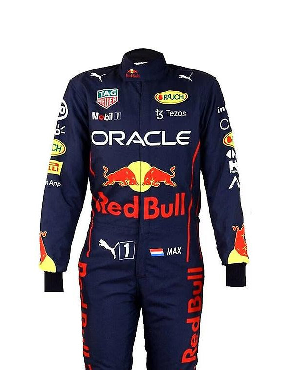 Navy racing suit with Red Bull and Oracle branding on a white background