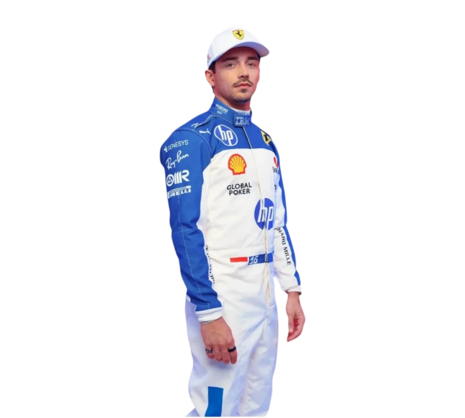 Person wearing a blue and white racing suit with various sponsor logos on a white background