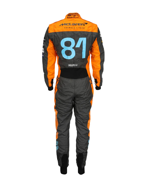 Racing suit with orange, black, and blue design on a white background
