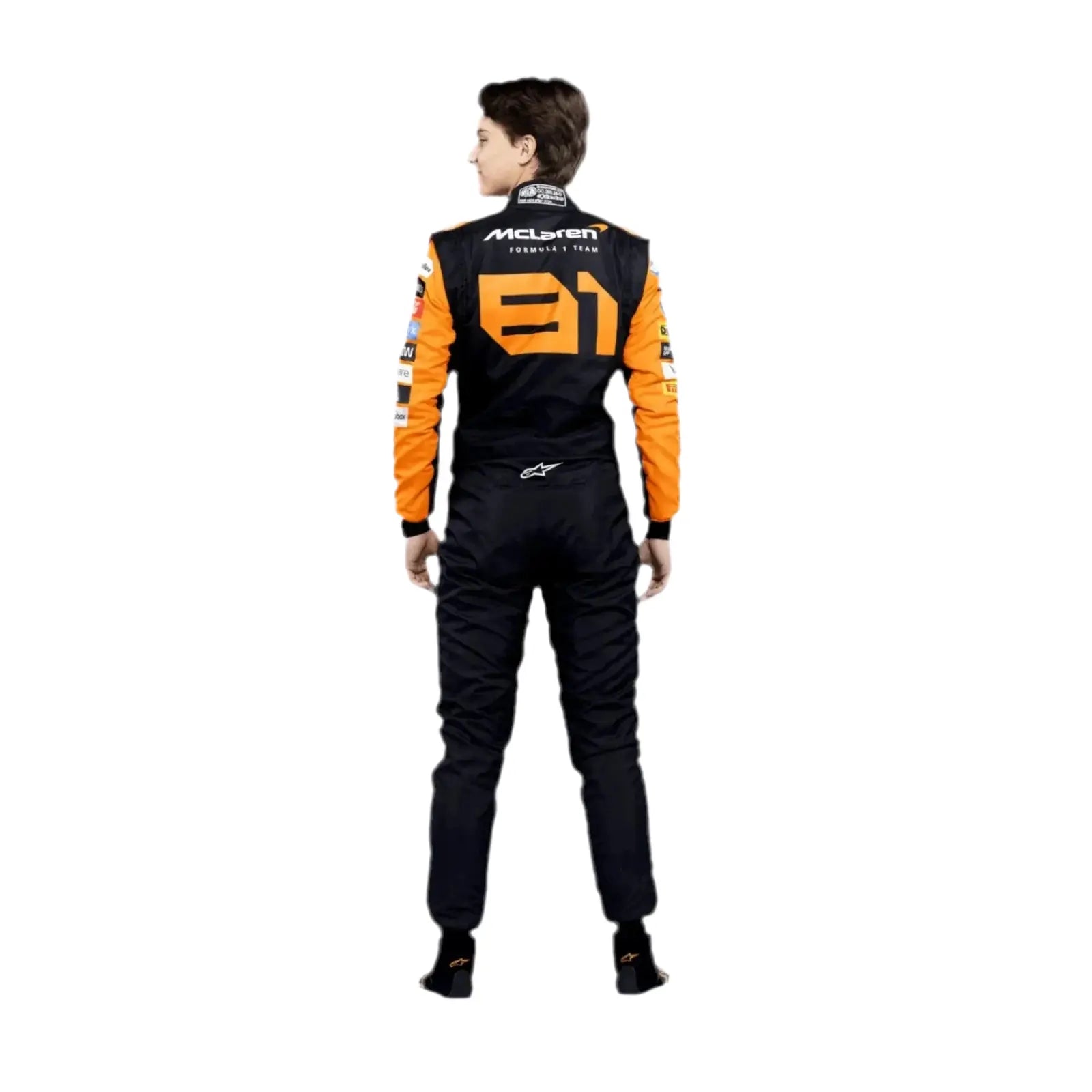 Person wearing a black and orange racing suit with visible branding on a white background