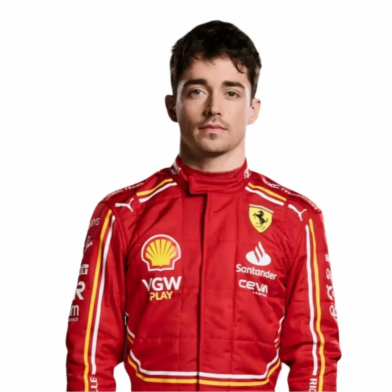 Person wearing a red racing suit with various sponsor logos on a white background