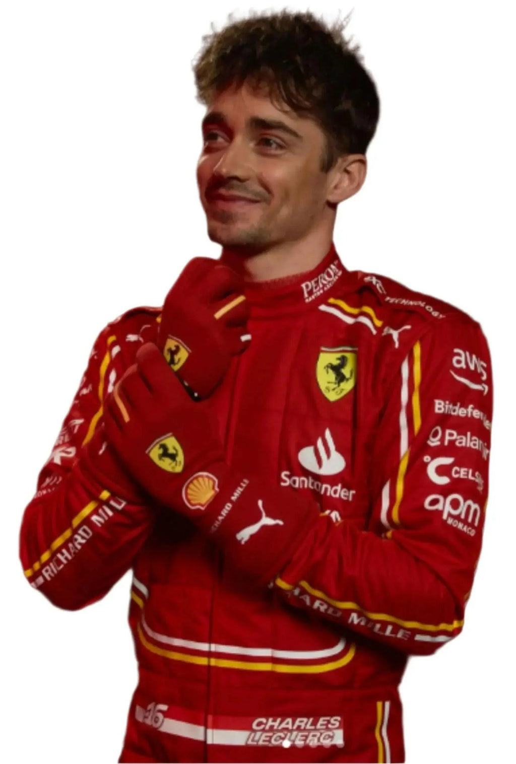 Person wearing a red racing suit with various sponsor logos on a white background